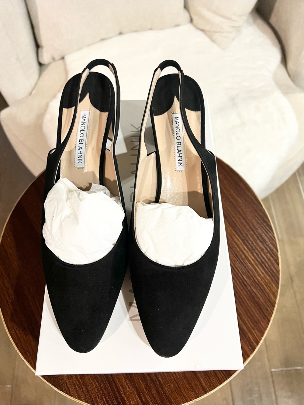 Manolo Blahnik Black Suede Pointed-Toe Slingback Pumps, size 39, New-in-box
